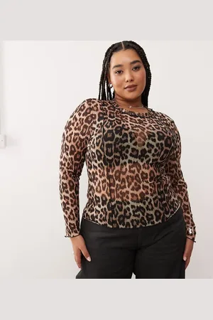 Noisy May Top de manga larga con estampado de leopardo de malla de -Marrón