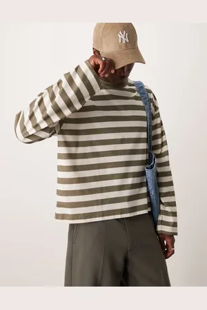ASOS Camiseta caqui y blanca a rayas de manga larga y corte cuadrado extragrande de