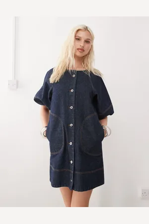 COLLUSION Vestido camisero vaquero con enjuagado y mangas abullonadas de -Azul