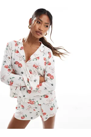 Kaiia Camisa corta de pijama de manga larga con estampado de lazos y fresas Mix & Match exclusiva de (parte de un conjunto)-Multicolor