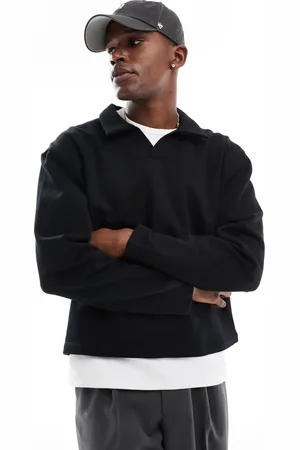 ASOS Sudadera negra extragrande con cuello tipo polo de tejido grueso de 400 g/m2 de