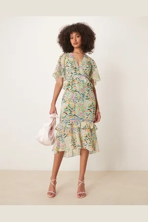 HOPE & IVY Vestido de tarde midi verde estampado con sobrefalda en la cintura de