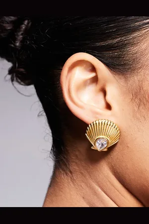 Kaiia Pendientes de botón dorados de acero inoxidable con diseño de concha y detalle de strass exclusivos de