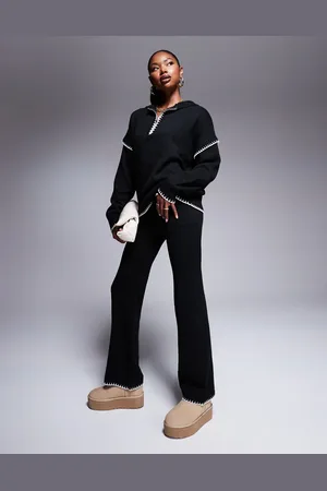 Kaiia Pantalones negros de pernera ancha con pespuntes en contraste de punto exclusivos de (parte de un conjunto)
