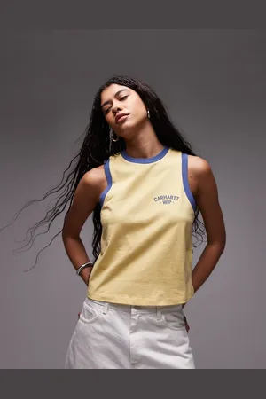 Carhartt Camiseta amarilla sin mangas con ribetes y estampado "89" de