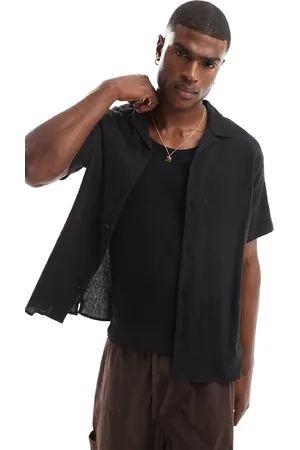 JACK & JONES Camisa negra con cuello de solapas y textura efecto rugoso de