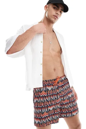 Emporio Armani Shorts de baño negros y rojos con logo de