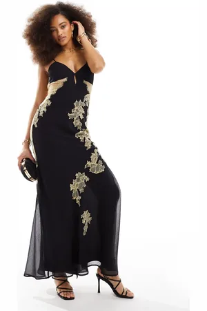 ASOS Vestido largo de corte al bies de chifón con aplicación de encaje de
