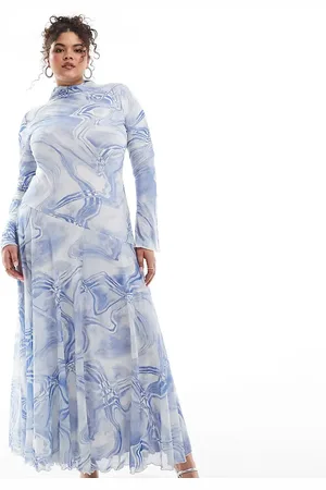 ASOS Vestido largo azul de manga larga y corte acampanado con estampado abstracto y cuello alto de malla de ASOS DESIGN Curve-Multicolor
