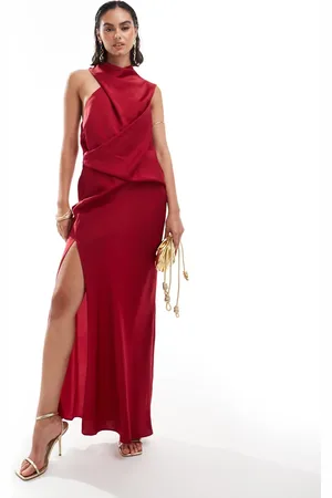 ASOS Vestido largo rojo con estampado abstracto, bajo acampanado y cuello asimétrico de satén de -Verde