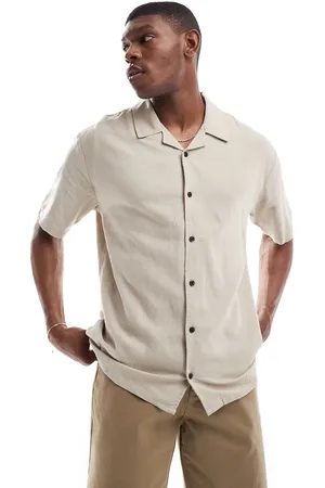 Threadbare Camisa color de manga corta con cuello de solapas de tejido rico en lino de -Neutro