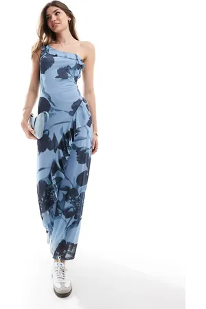 ASOS Vestido largo azul asimétrico con estampado floral y volantes de -Multicolor