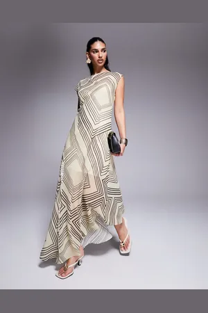 ASOS Vestido largo con cuello barco, cintura entallada y estampado abstracto de de -Multicolor