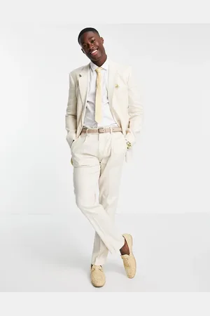 ASOS Chaqueta de traje color de corte slim a rayas anchas de mezcla de lino de Wedding-Beis