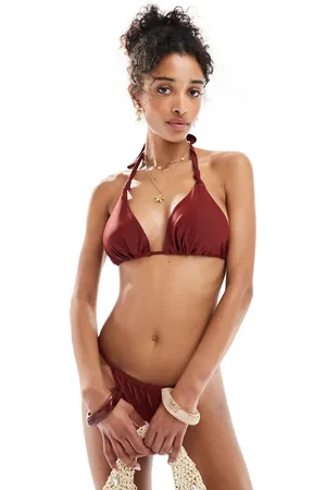 Miss Selfridge Top de bikini triangular con detalle anudado Mix & Match de -Marrón