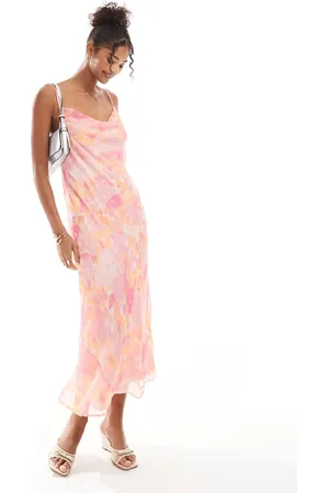 VERO MODA Vestido midi rosa de tirantes con cuello desbocado y estampado floral difuminado Smilla de