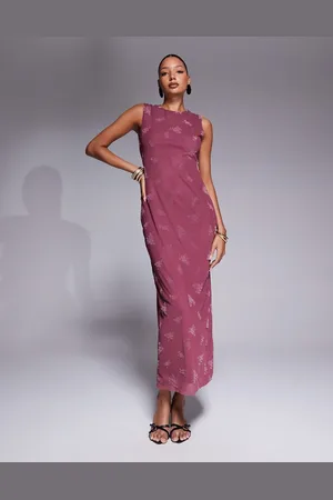 ASOS Vestido largo rosa negruzco de corte recto con cuello subido y diseño floral de devoré de