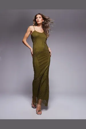 ASOS Vestido largo asimétrico de rejilla con diseño termosellado y detalle desbocado de -Gris