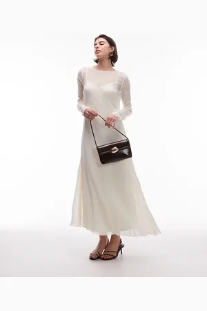MANGO Vestido midi blanco con diseño 2 en 1 y detalle de costuras de malla de