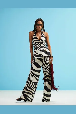 MANGO Pantalones blancos de pernera ancha con estampado de cebra de mezcla de lino de (parte de un conjunto)-Negro