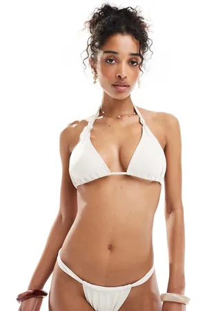 Miss Selfridge Top de bikini color triangular con detalle anudado Mix & Match de -Blanco