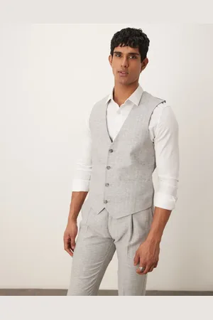 ASOS Chaleco de traje de corte slim con patrón de espiga de mezcla de algodón y lino de