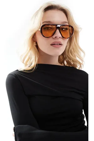 ASOS Gafas de sol marrones efecto carey extragrandes de estilo aviador con lentes naranjas de