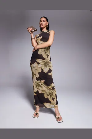 ASOS Vestido largo con cuello barco y estampado floral extragrande de malla de