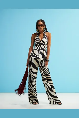 MANGO Chaleco de traje blanco con estampado de cebra y cuello halter de mezcla de lino de (parte de un conjunto)-Neutro