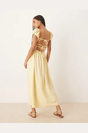 ASOS Vestido midi amarillo pastel de manga corta con escote cuadrado y cintura ceñida con bandas elásticas de -Multicolor
