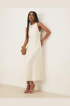 MANGO Vestido midi color estructurado con bajos sin rematar de mezcla de lino de -Blanco