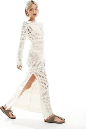 Miss Selfridge Vestido largo color de manga larga con anilla en forma de O de punto de croché de -Blanco