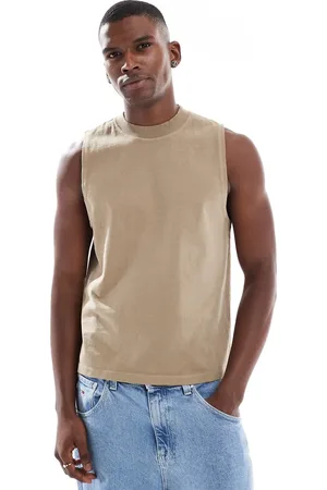ASOS Camiseta color piedra lavado sin mangas de corte cuadrado y cuello redondo de tejido grueso de 280 g/m² de -Neutro