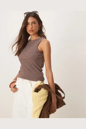 SELECTED Camiseta marrón a rayas sin mangas de canalé de Femme