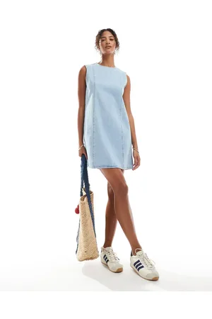 ASOS Vestido vaquero descolorido de corte recto con costuras de -Azul
