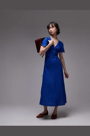MANGO Vestido midi de manga corta de lino de
