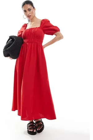 New Look Vestido rojo de estilo mesonera con mangas abullonadas de