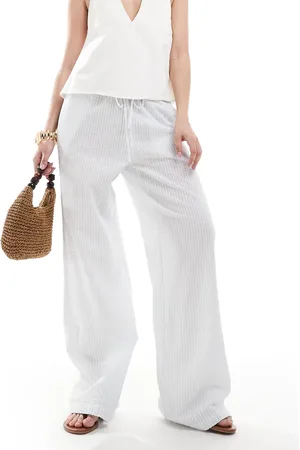 Monki Pantalones blancos y azules a rayas de pernera ancha con cordón ajustable de sirsaca de