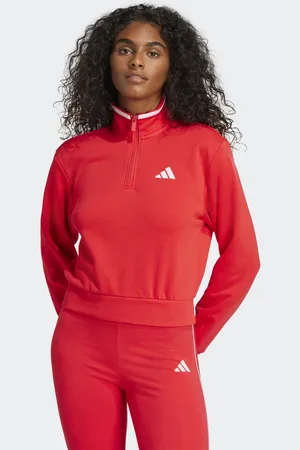 adidas Chaqueta de chándal corta rojo rubí básica con cremallera corta de felpa de rizo Essentials Color Pop de