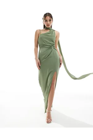 TFNC Vestido de dama de honor largo asimétrico con fular y detalle retorcido en la parte delantera de