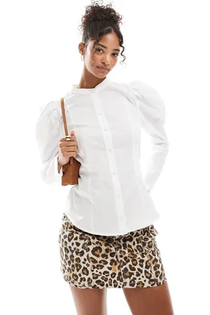Miss Selfridge Camisa blanca con mangas abullonadas y cintura entallada de popelina de