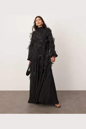 ASOS Vestido largo de corte trapecio con lazada al cuello y aplicaciones florales de