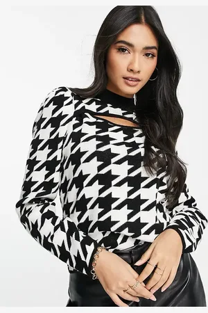 VILA Top con estampado extragrande de pata de gallo, cuello subido y abertura de punto exclusivo de -Multicolor
