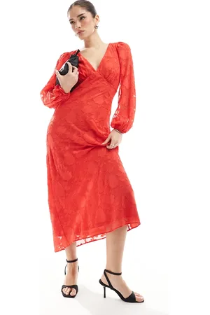 New Look Vestido midi rojo de manga larga de devoré de