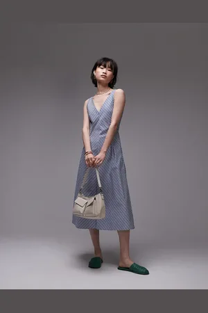MANGO Vestido midi a rayas azules con cuello de pico de algodón de