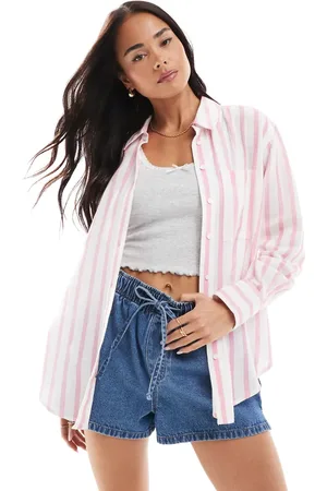 New Look Camisa rosa y blanca a rayas de manga larga de