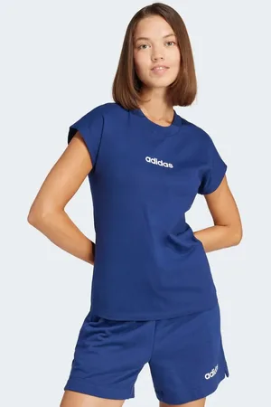 adidas Camiseta azul oscuro y blanca básica con logo lineal de algodón Essentials Linear de