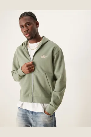 ASOS Sudadera verde polvoriento de corte cuadrado extragrande con capucha, cremallera y estampado en el pecho y la espalda de