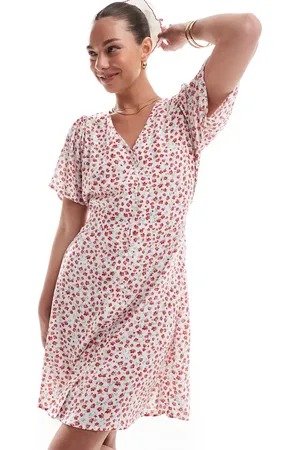 ONLY Vestido corto rojo con estampado de florecitas, cuello de pico y lazada en la cintura de