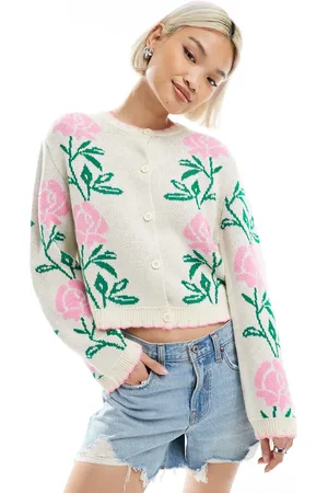 Miss Selfridge Cárdigan color crema con patrón floral rosa de tipo tapiz de punto calado de